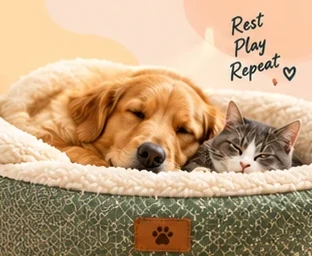 A golden retriever and a tabby cat asleep together in a cosy pet bed. Rest, play, repeat.