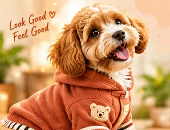 A fluffy dog in a rust-coloured hoodie. Look good, feel good.