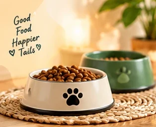 A pet bowl with kibble beside a green bowl on a woven mat. Good food, happier tails.