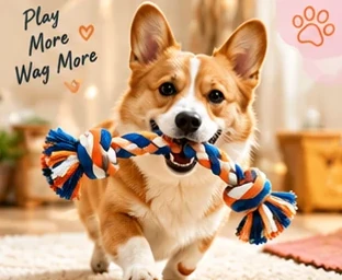 A corgi trotting with a knotted rope toy in its mouth. Play more, wag more.
