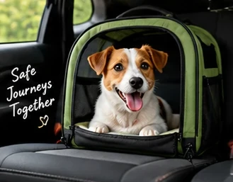 A small dog sitting in a pet carrier in a car. Safe journeys together.